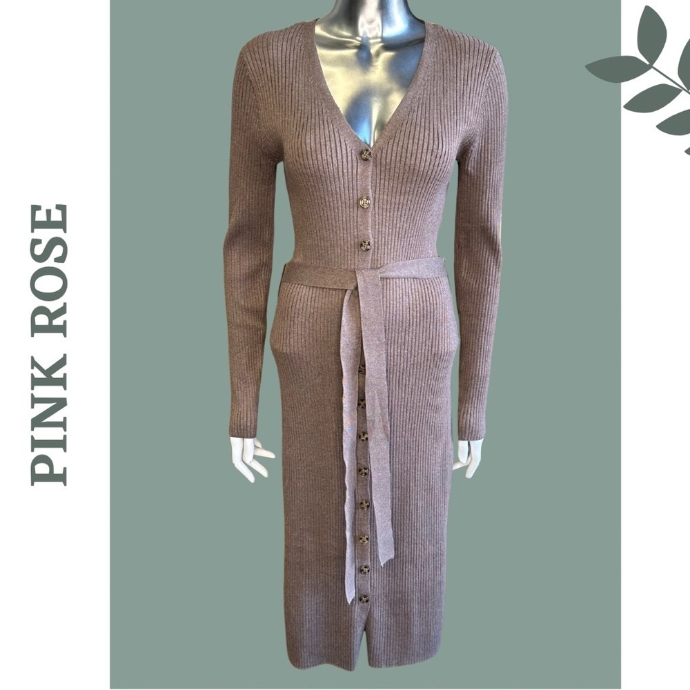 🛍️3/$40 Pink Rose Women's Knit Dress Button
Front Tie Waist Brown
Large